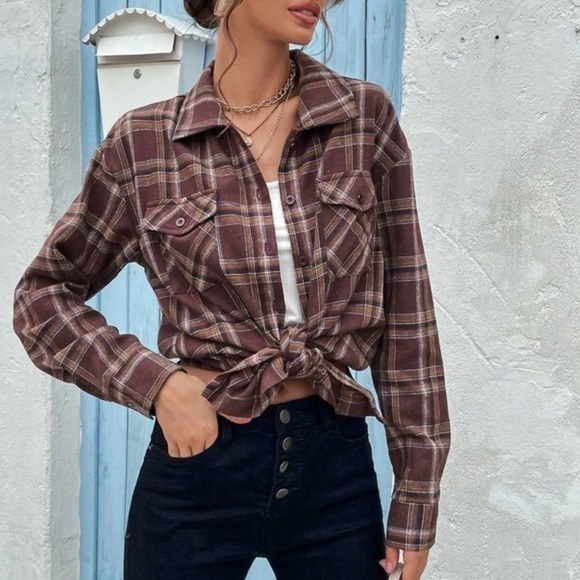 SHEIN | Brown Plaid Button Up Top - Picture 3 of 5